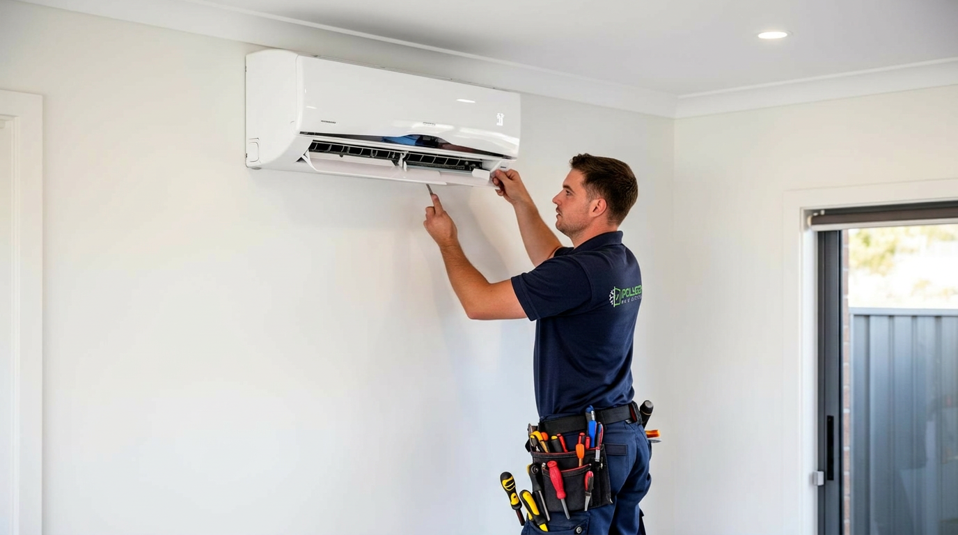 Polygon BG technician installing a split system air conditioner